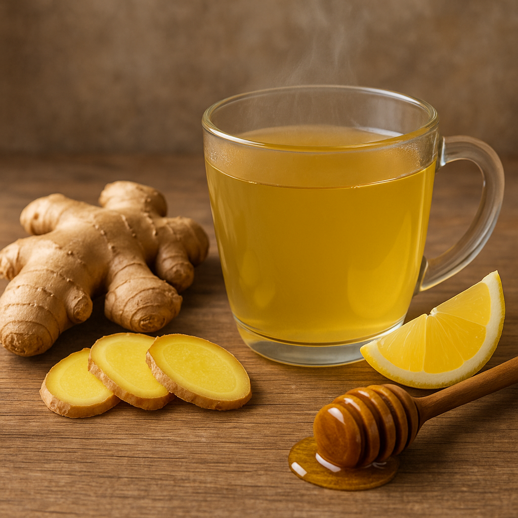 A steaming cup of ginger tea with fresh ginger root, lemon slices, and honey on a wooden table.