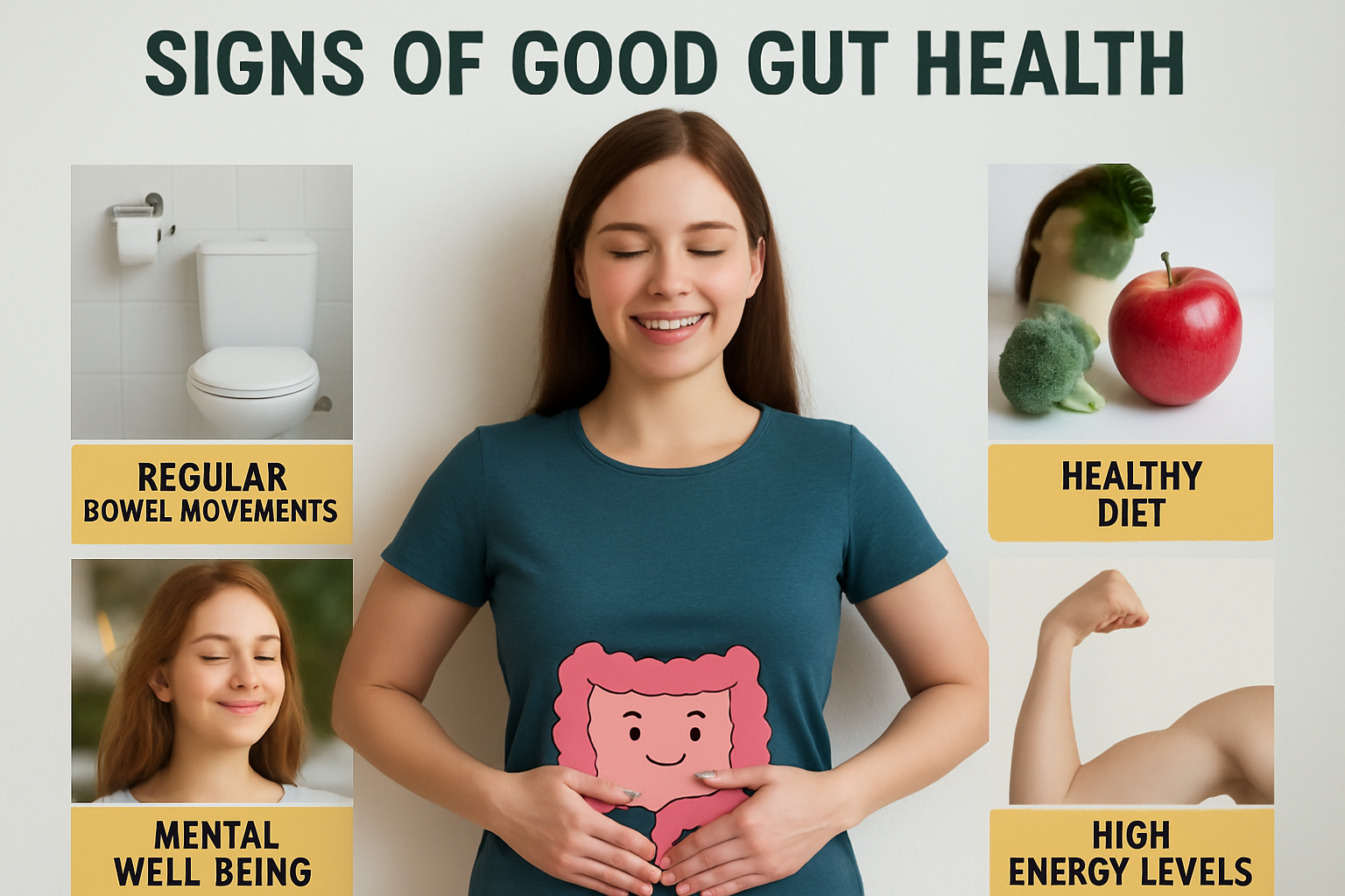 Smiling young woman demonstrating signs of good gut health with visuals of regular bowel movements, healthy diet, mental well-being, and high energy levels.