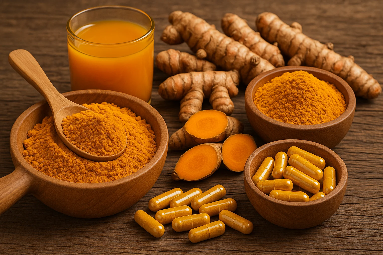 Various forms of turmeric including powder, capsules, root, and juice a