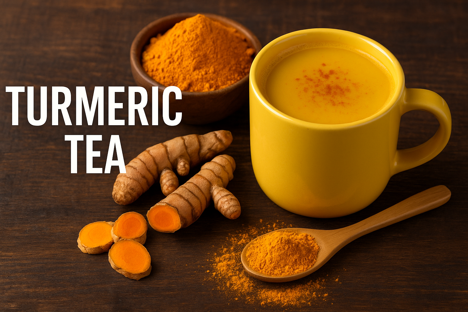 A cup of turmeric tea with fresh turmeric roots and powder on a rustic wooden table