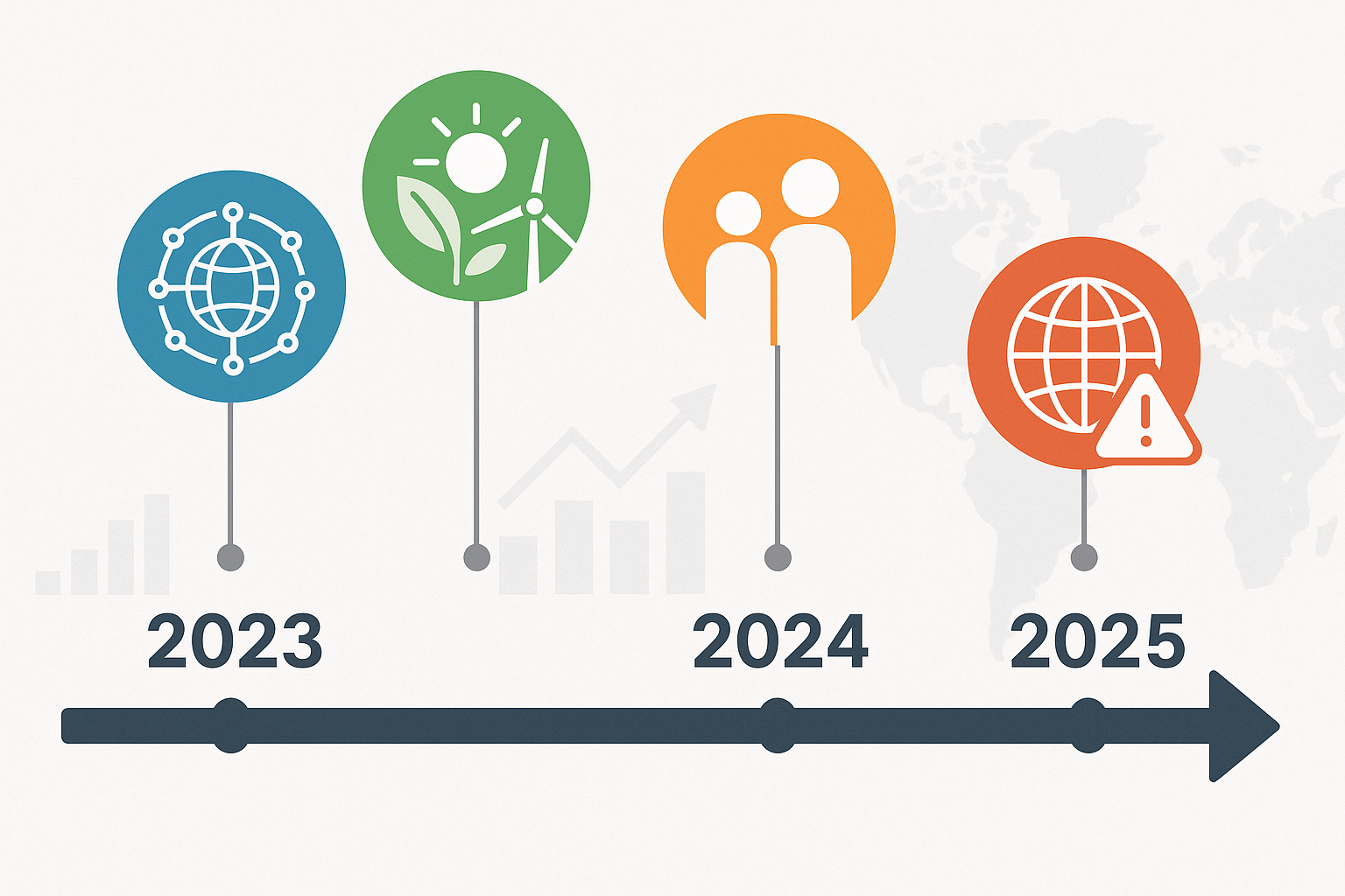 nfographic illustrating global economic trends from 2023 to 2025 with icons representing digital transformation, renewable energy, demographic shifts, and geopolitical risks