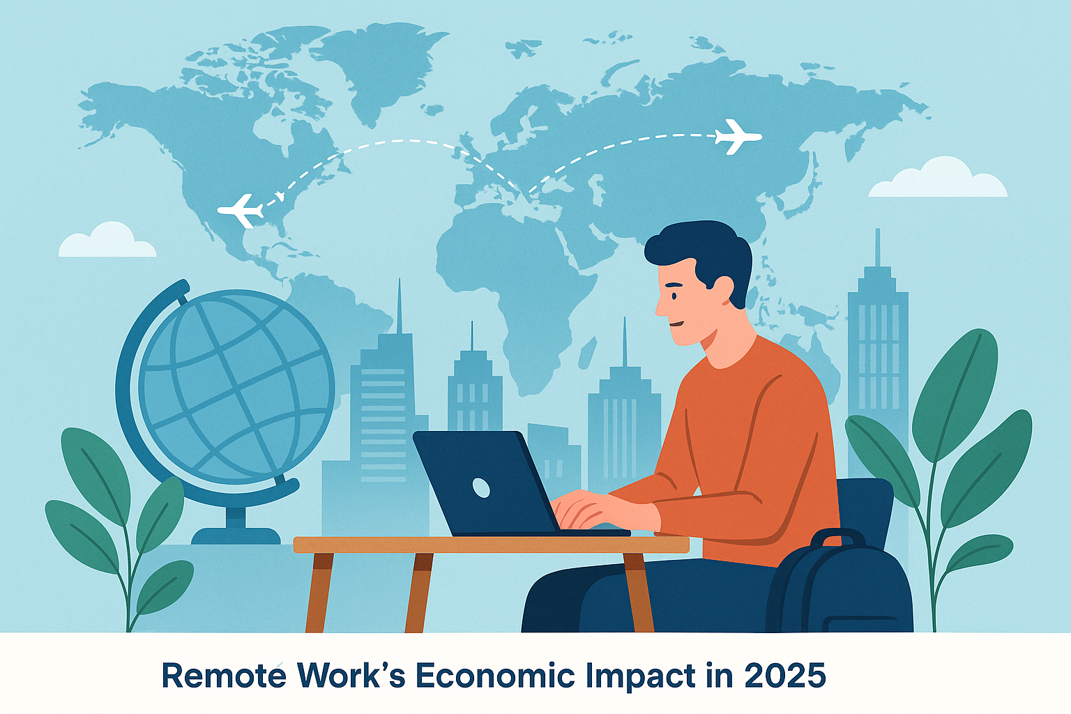 Digital nomad working remotely in 2025 with a laptop against a backdrop of a world map, symbolizing the global impact of remote work