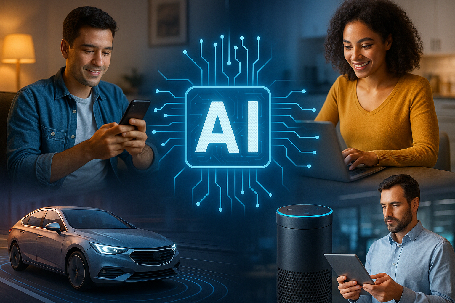 AI integration in daily life in 2025, featuring smart home assistants, autonomous vehicles, and people using AI-powered devices.