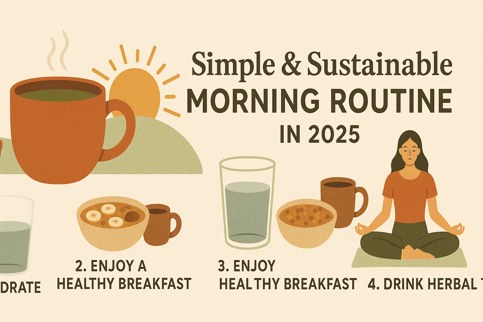 Infographic of a simple and sustainable morning routine in 2025, including hydration, healthy breakfast, meditation, and herbal tea.