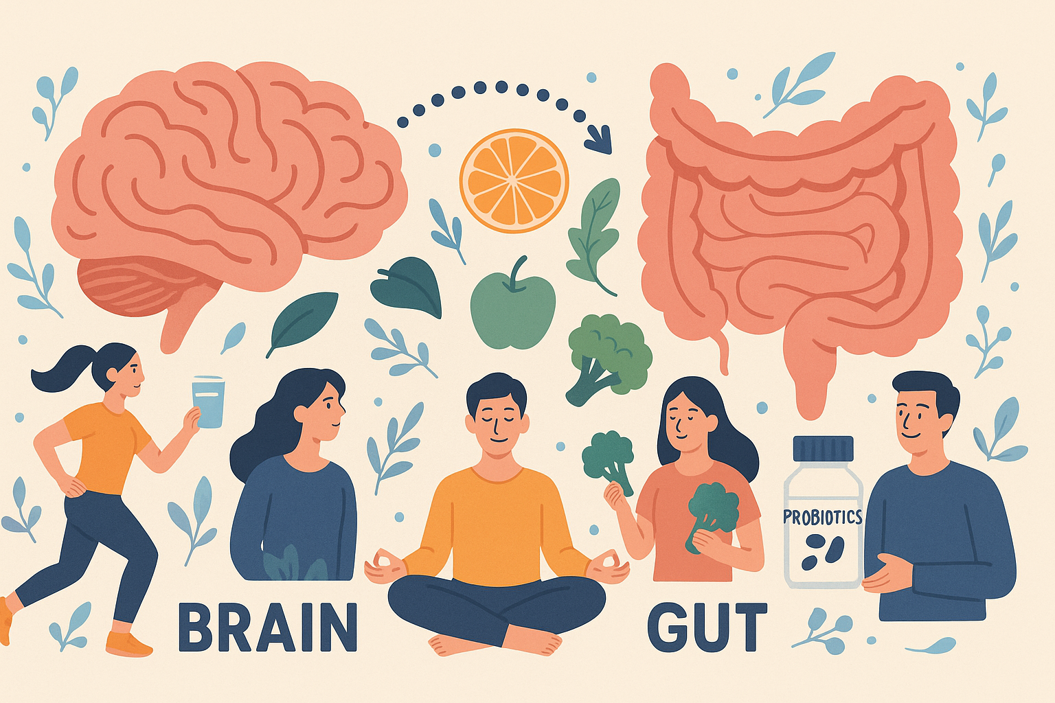 Illustration showing the gut-brain connection supported by healthy habits like exercise, meditation, hydration, and a nutritious diet.