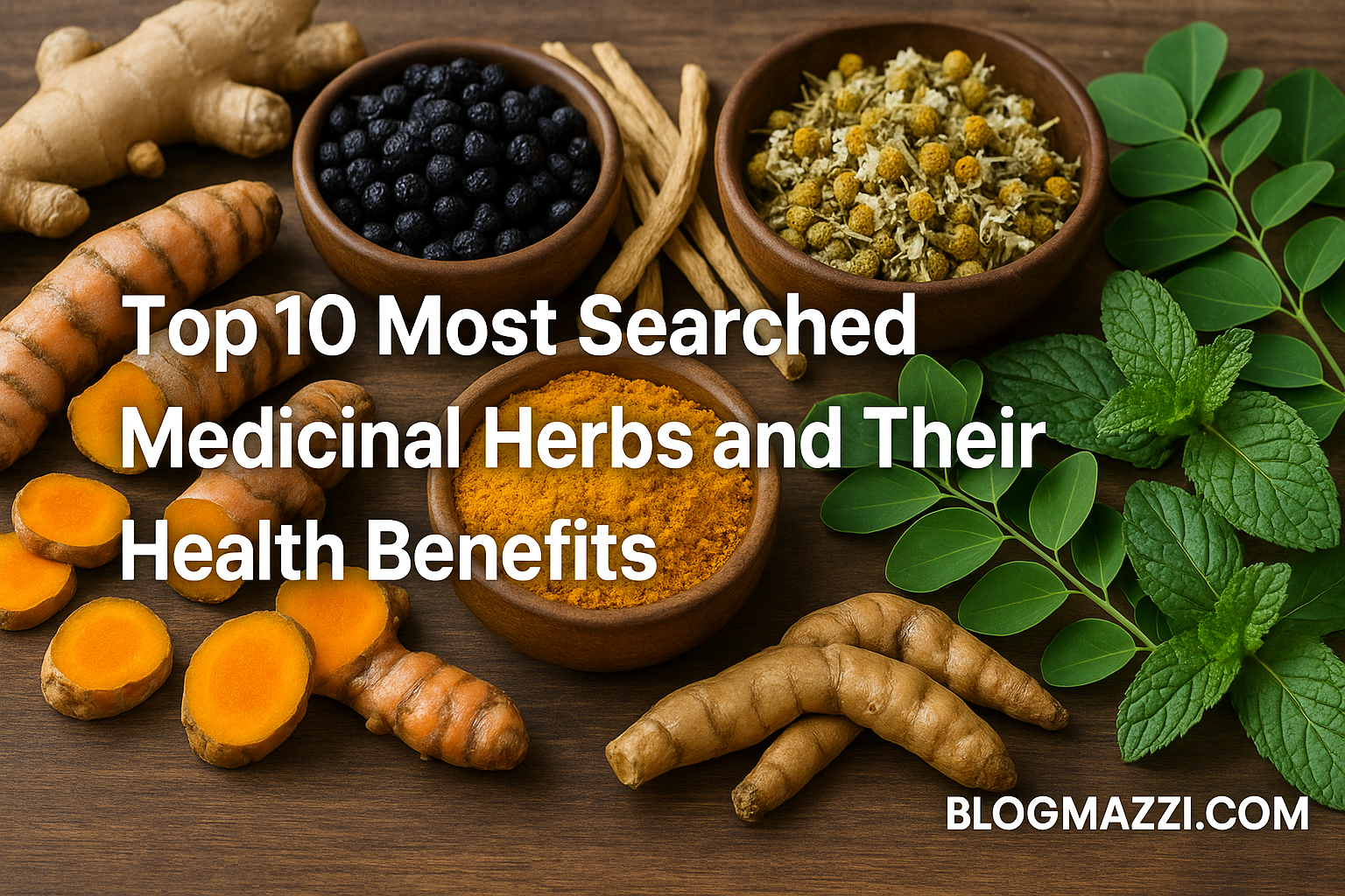 A vibrant display of top medicinal herbs including turmeric, elderberries, chamomile, peppermint, and ashwagandha, arranged on a rustic wooden surface.