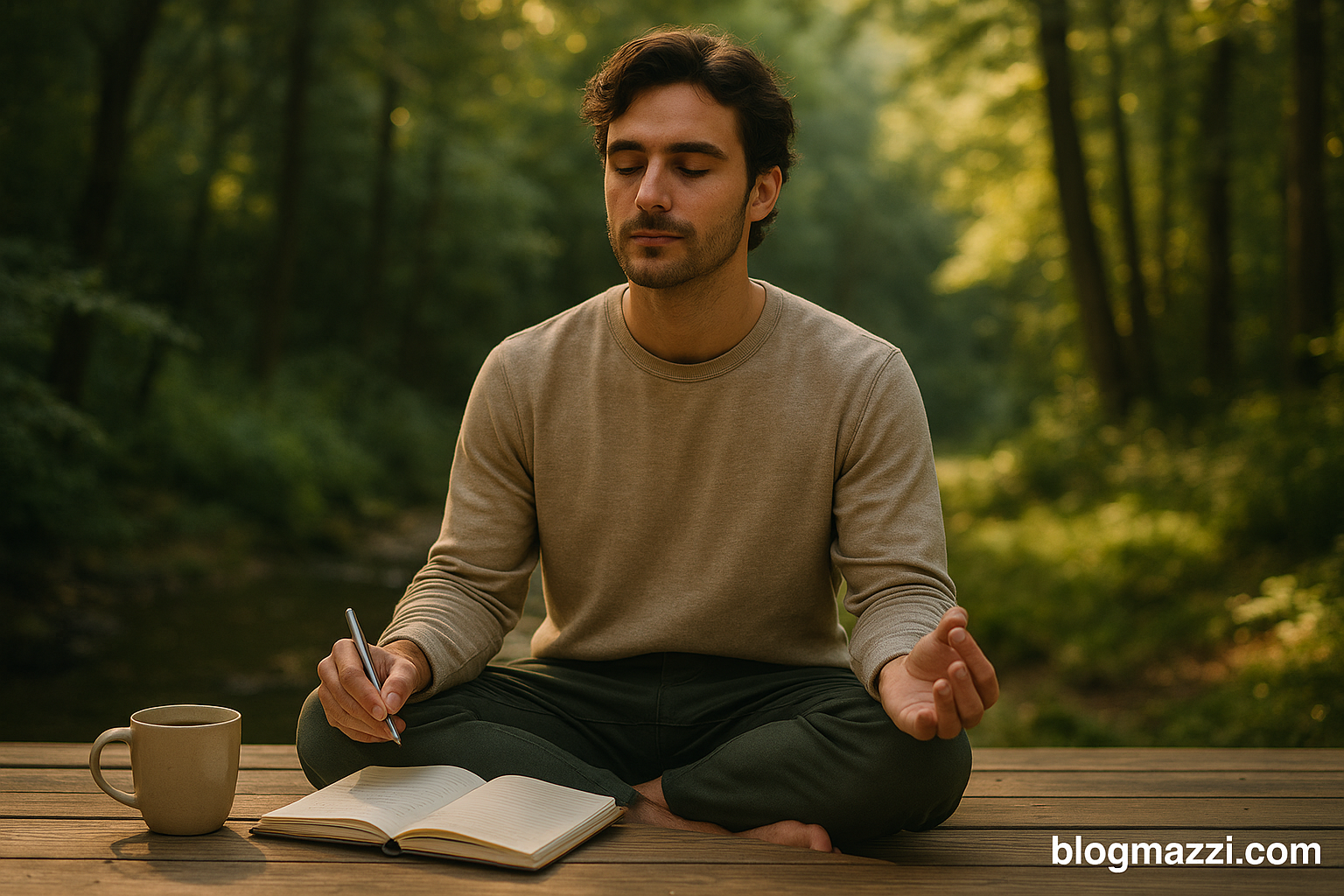 A young man journaling and meditating outdoors on a wooden deck surrounded by forest, embracing digital detox and mindfulness in nature.