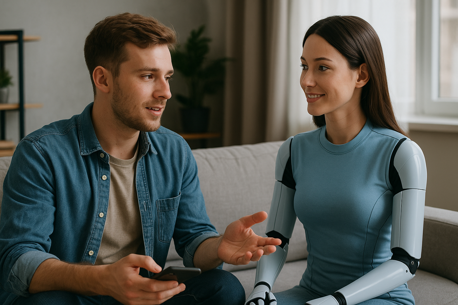 A young man having a conversation with a lifelike humanoid female AI robot on a modern sofa, illustrating emotional connection with virtual companions in 2030.