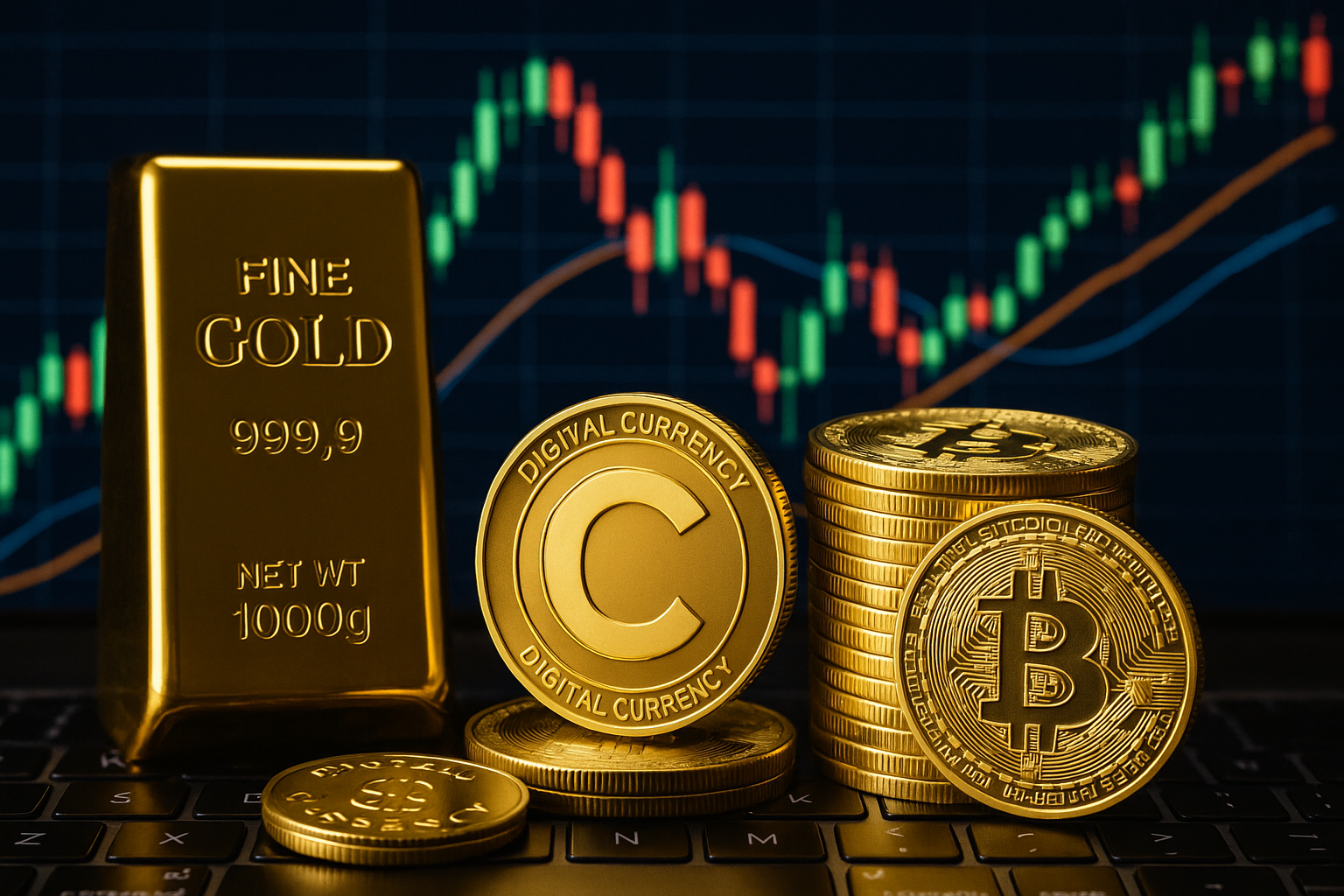 A digital image showing gold bars and cryptocurrency coins in front of a financial chart, symbolizing the rise of gold-backed digital currencies in global finance.