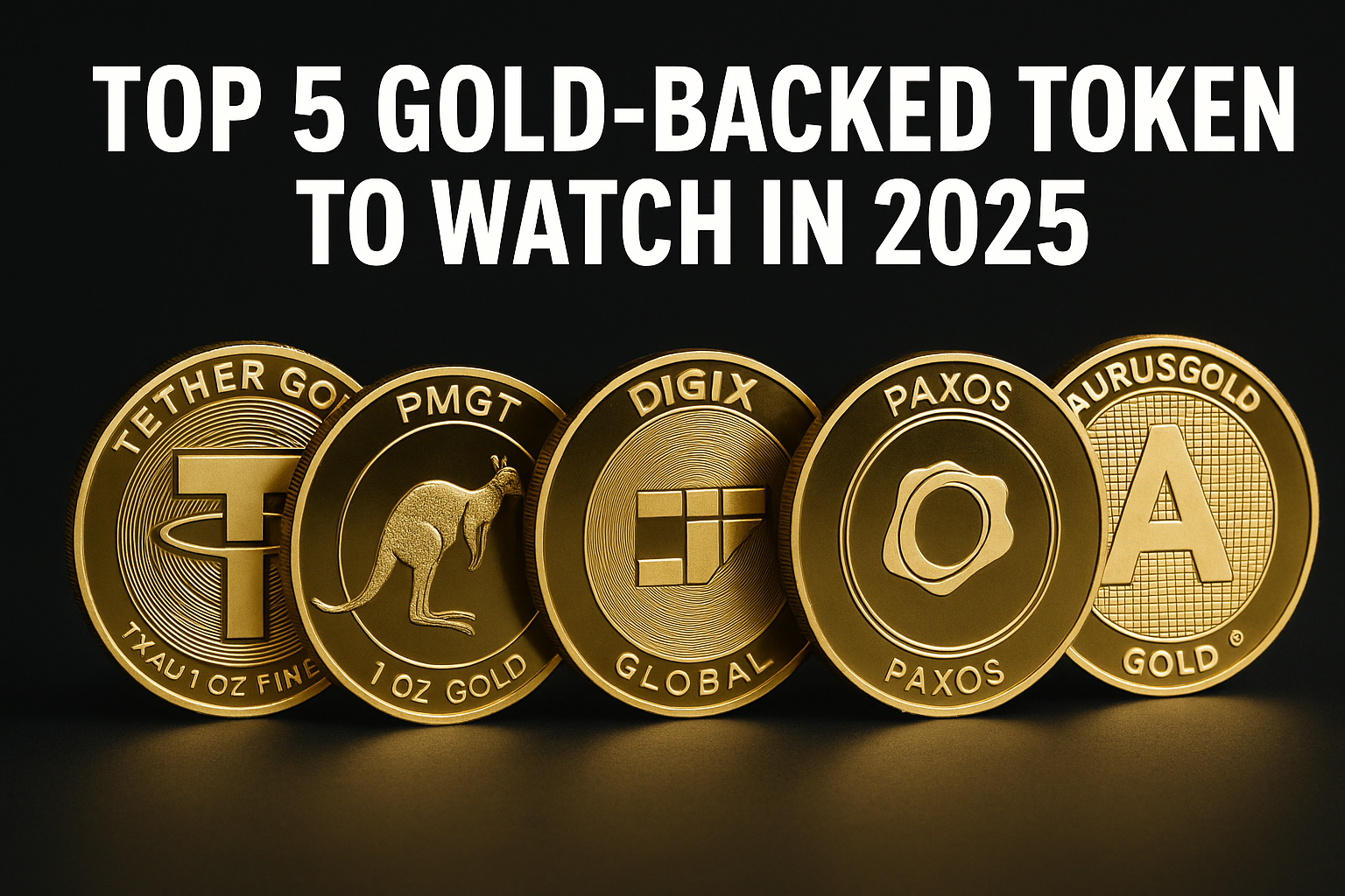 A digital photograph featuring five gold-backed cryptocurrency tokens — Tether Gold, PMGT, Digix, Paxos, and AurusGold — arranged in a row under bold text highlighting the top tokens to watch in 2025.