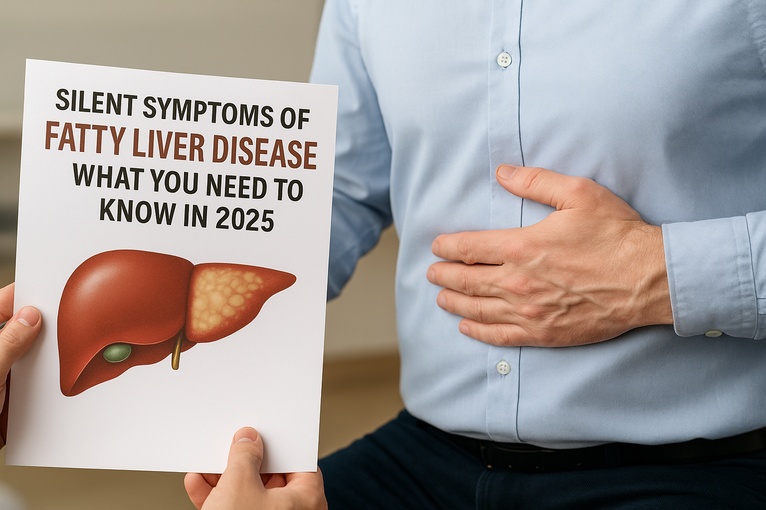 Close-up image of a patient holding their abdomen during a medical consultation, with a printed liver diagram highlighting fatty liver disease symptoms in 2025.