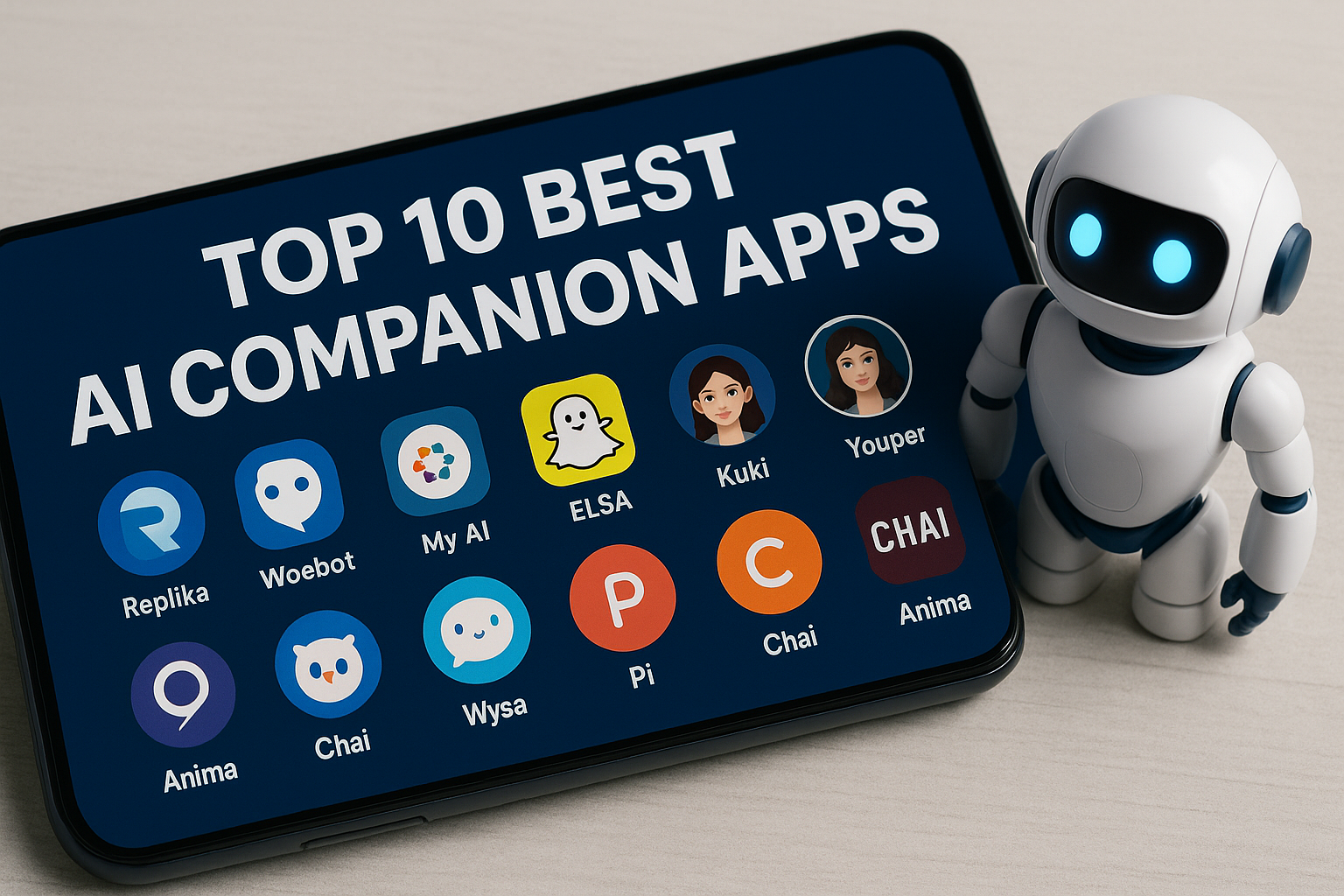 A smartphone screen displaying icons of the top 10 best AI companion apps of 2025, next to a small humanoid robot figure, symbolizing digital companionship