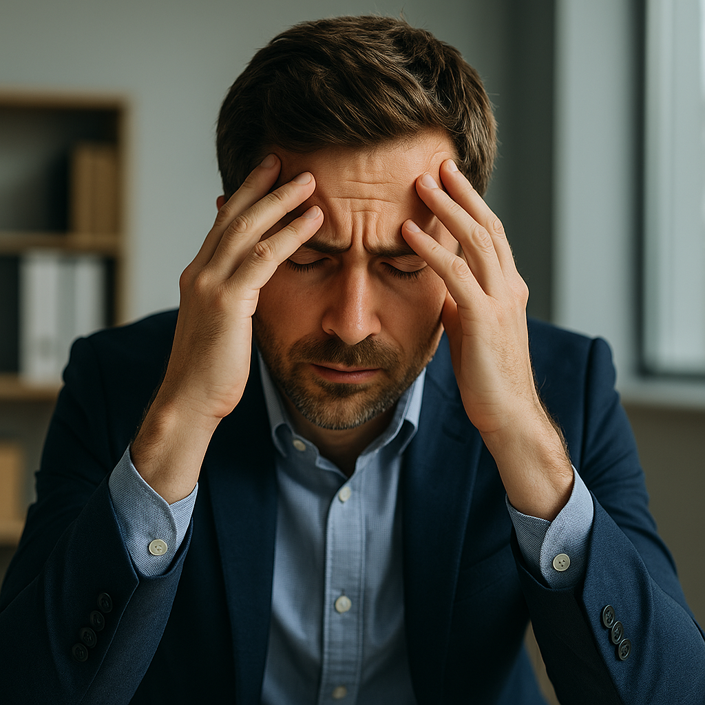A professionally dressed man in his 30s sits in an office, visibly stressed with hands on his forehead — depicting high-functioning anxiety despite outward success.
