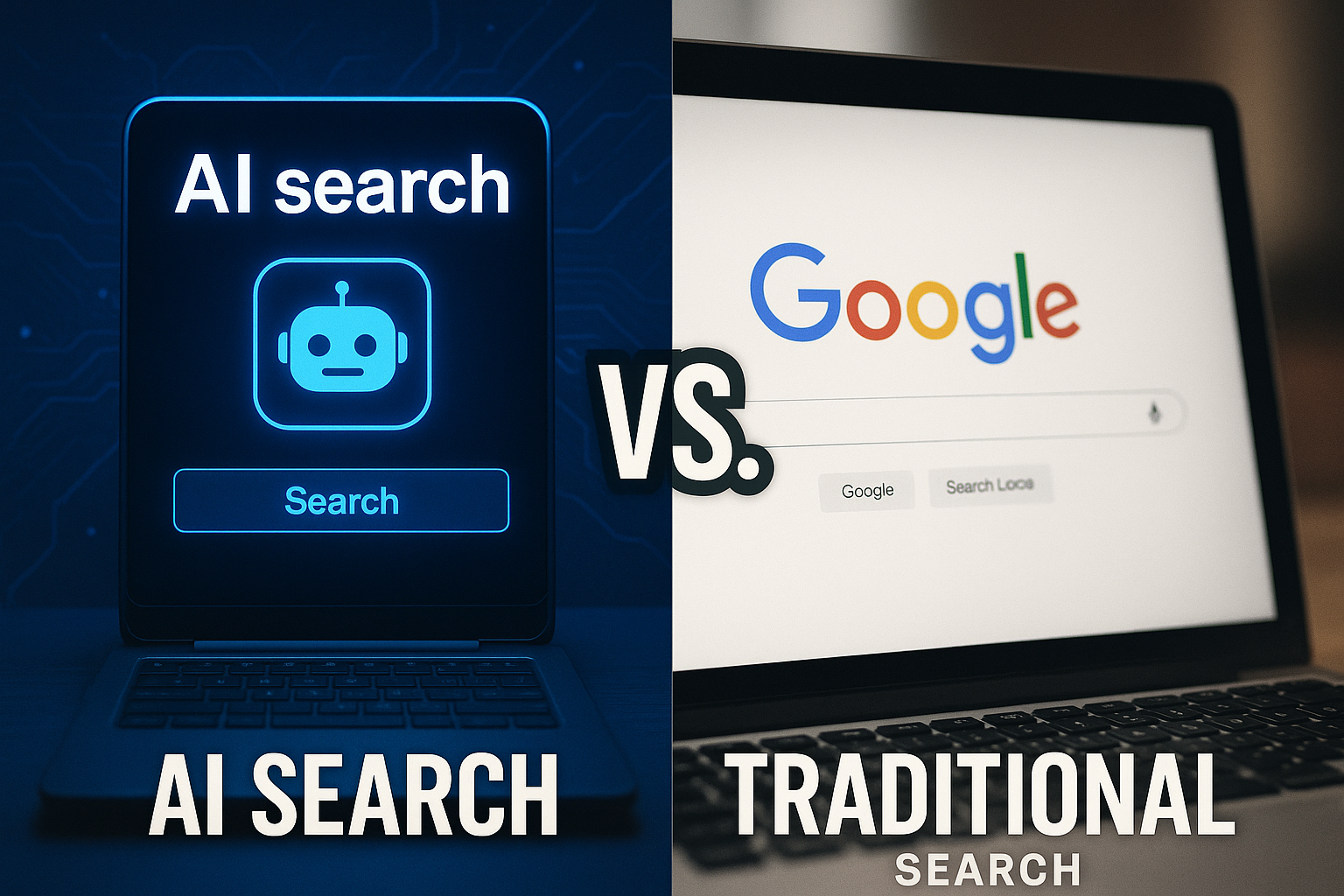 A split-screen image comparing AI-powered search and traditional Google search on laptops, symbolizing the growing competition in search technology in 2025.