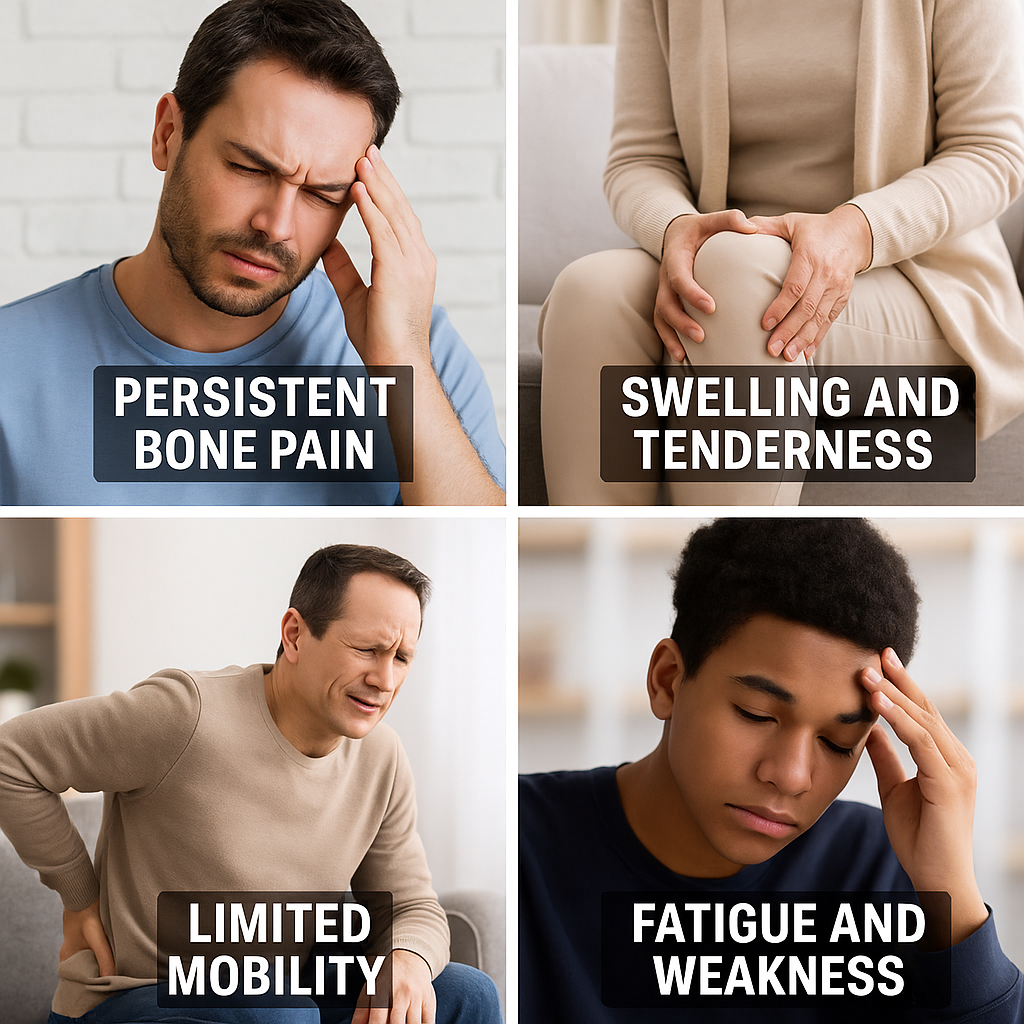 A collage of four people showing symptoms of bone cancer including pain, swelling, limited mobility, and fatigue.