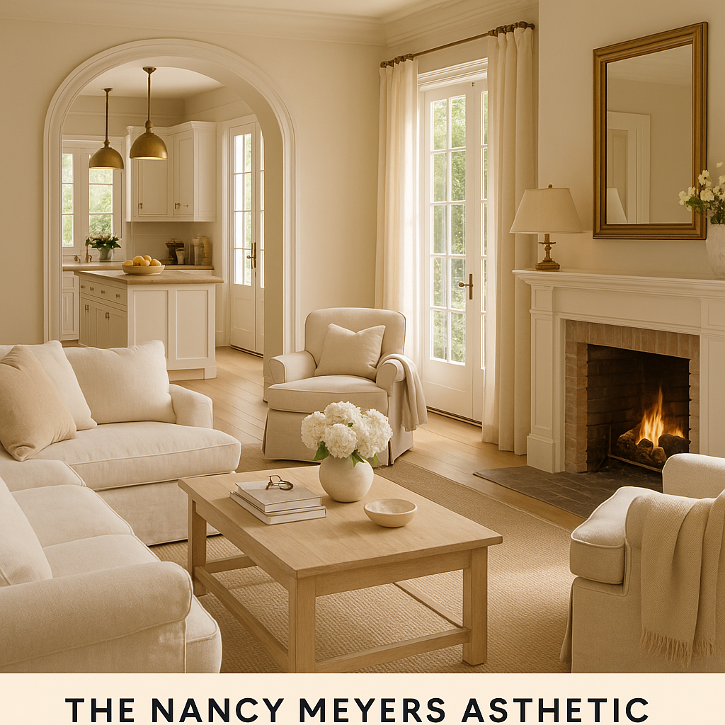 A cozy, sunlit living room with cream-colored furniture, a wooden coffee table, and a view into a white kitchen with pendant lights and French doors, reflecting the Nancy Meyers aesthetic.