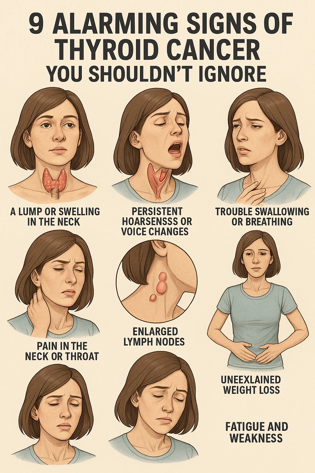 Illustration showing nine warning signs of thyroid cancer including neck lump, hoarseness, swallowing issues, throat pain, enlarged lymph nodes, weight loss, and fatigue in a female patient.