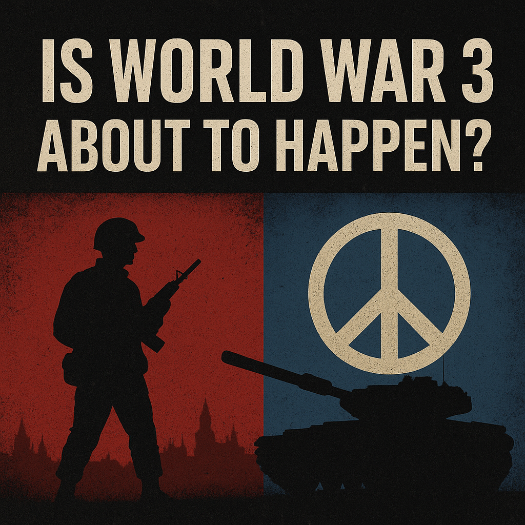 A digital graphic with the headline "IS WORLD WAR 3 ABOUT TO HAPPEN?" shows a silhouette of a soldier and a tank against red and blue divided backgrounds, symbolizing war and peace.