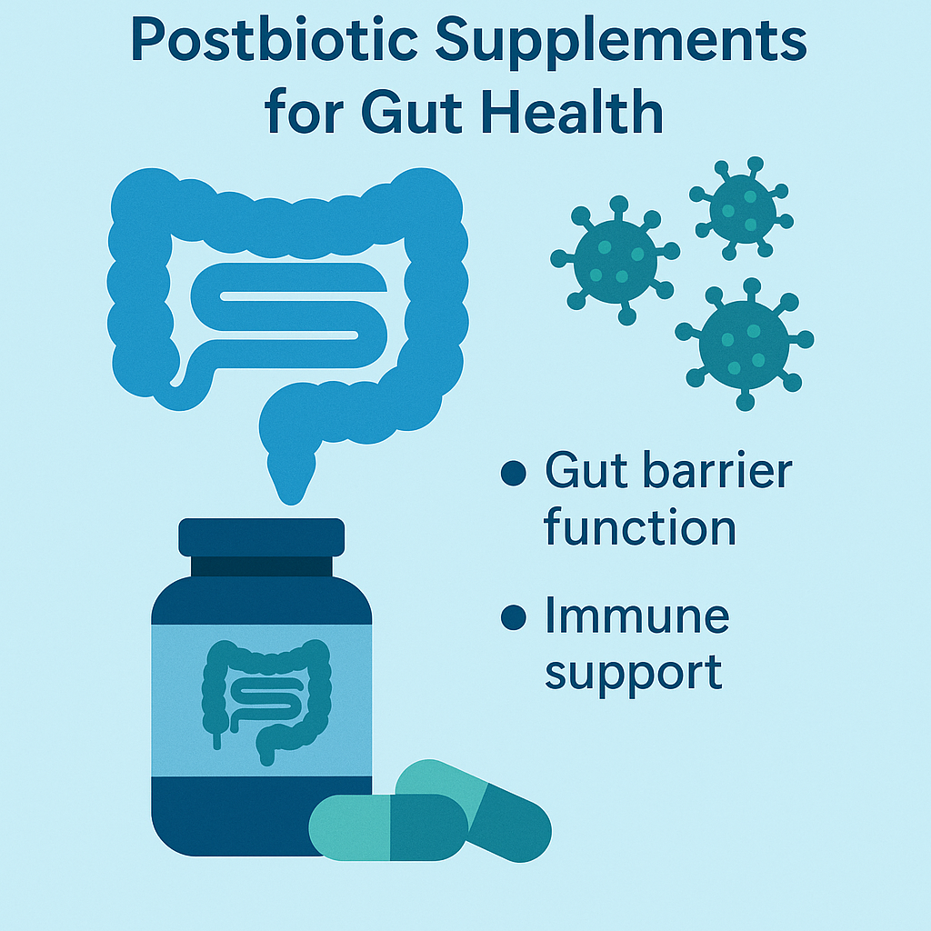 Illustration of postbiotic supplements for gut health showing intestine diagram, immune viruses, and supplement bottle.