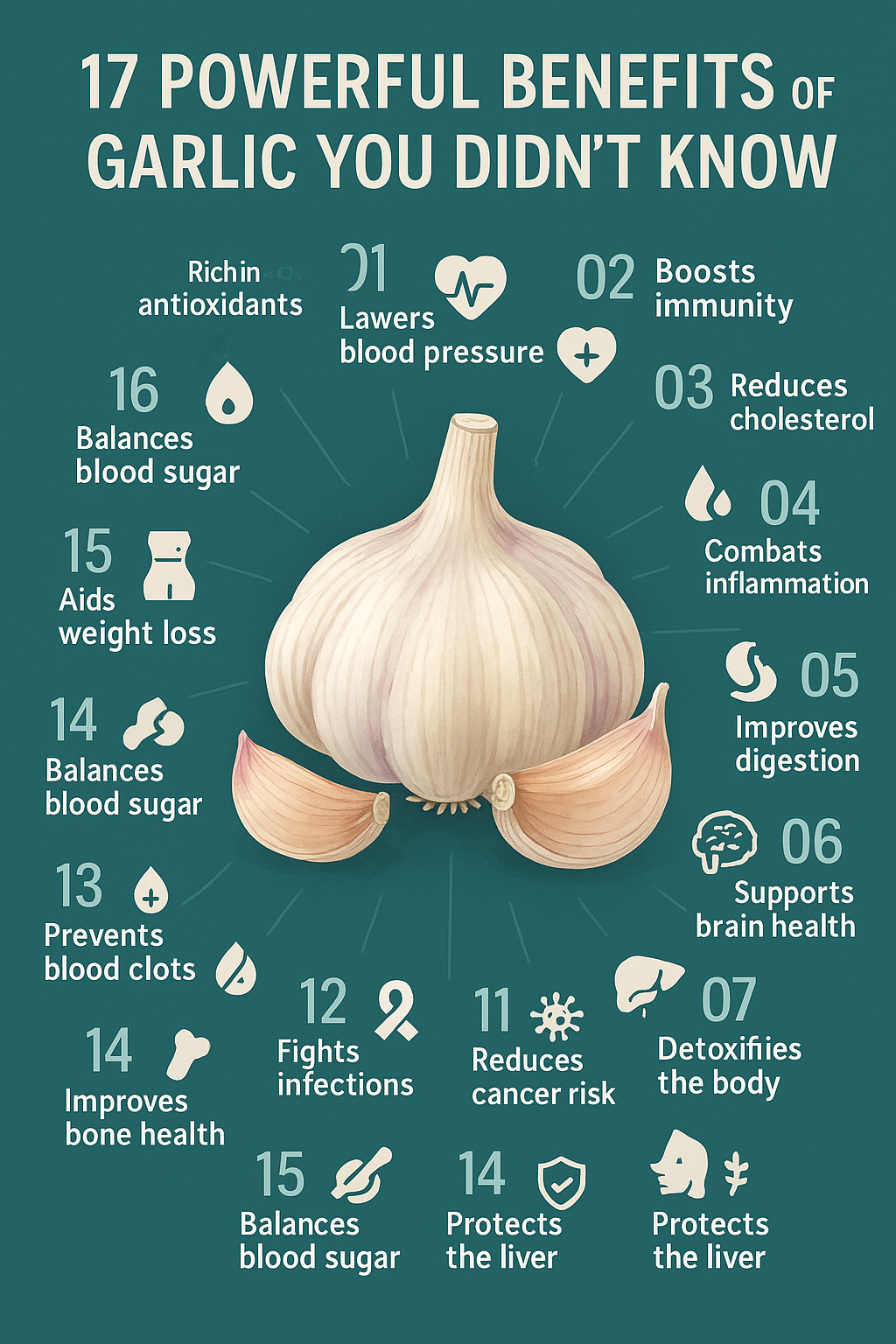 Illustrated infographic showing 17 health benefits of garlic with labeled icons around a garlic bulb.