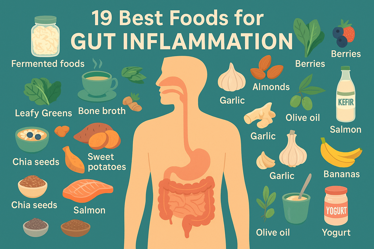 Infographic showing 19 best foods for gut inflammation with illustrated digestive system and labeled ingredients.