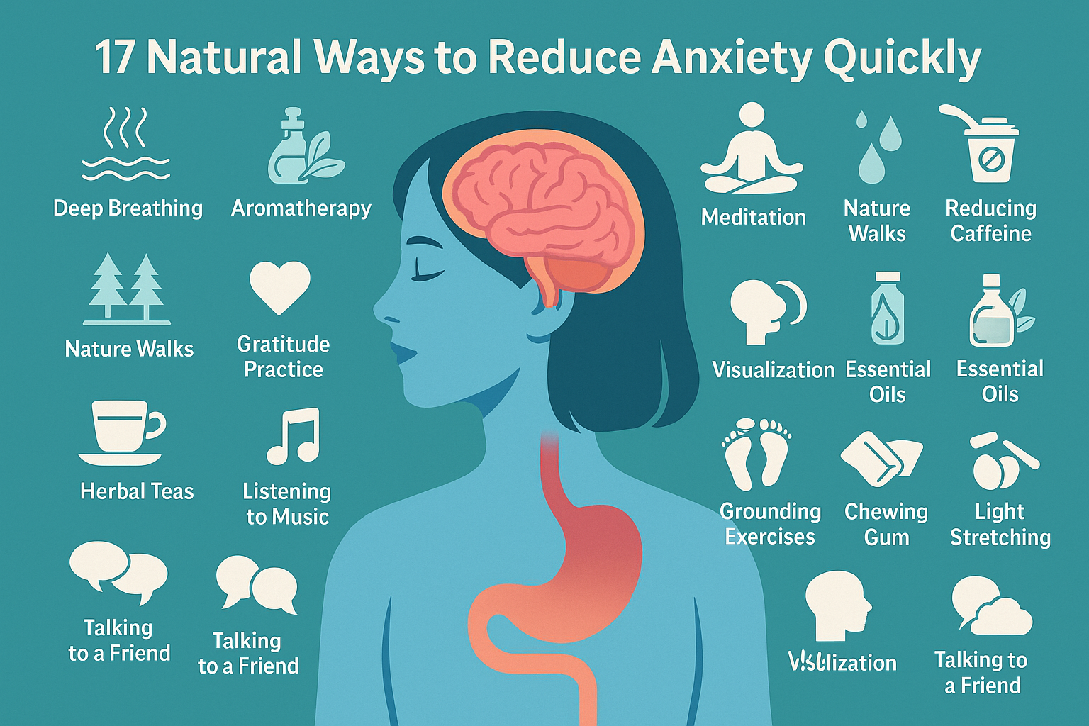 Infographic showing 17 natural ways to reduce anxiety with illustrated icons and a brain-centered human profile.