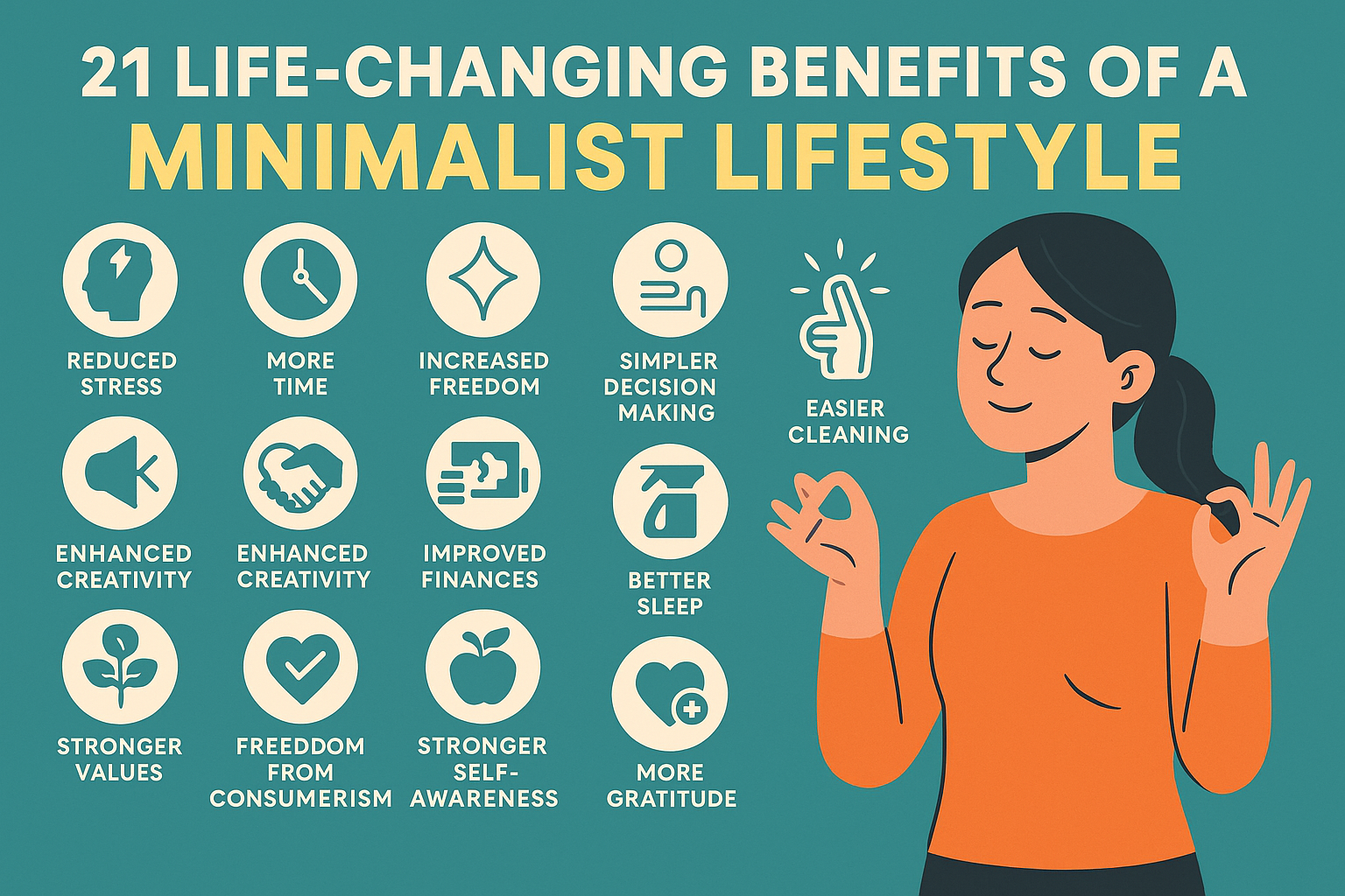 Infographic listing 21 benefits of a minimalist lifestyle with icons and a calm woman illustration.