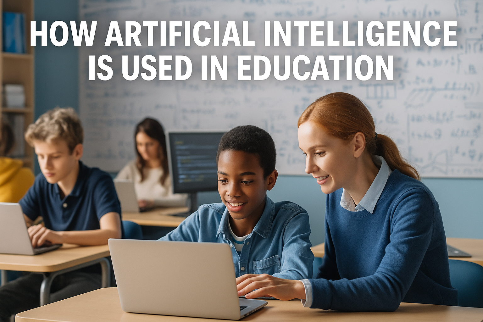 Teacher and students using laptops in a modern classroom with artificial intelligence applications.