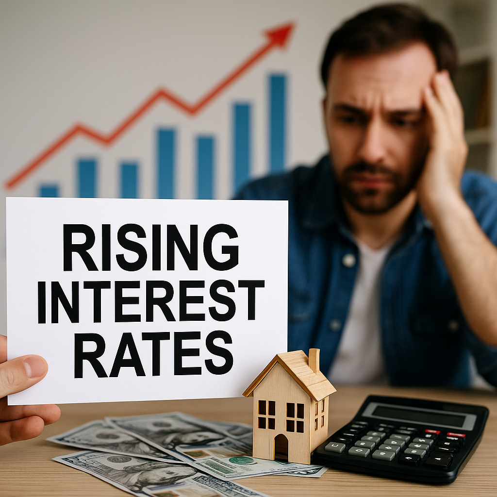 Financial stress caused by rising interest rates with a house model, money, and calculator in focus.