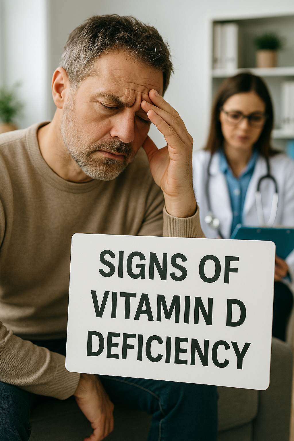 A fatigued middle-aged man sitting with a sign reading "Signs of Vitamin D Deficiency" in a doctor's office.