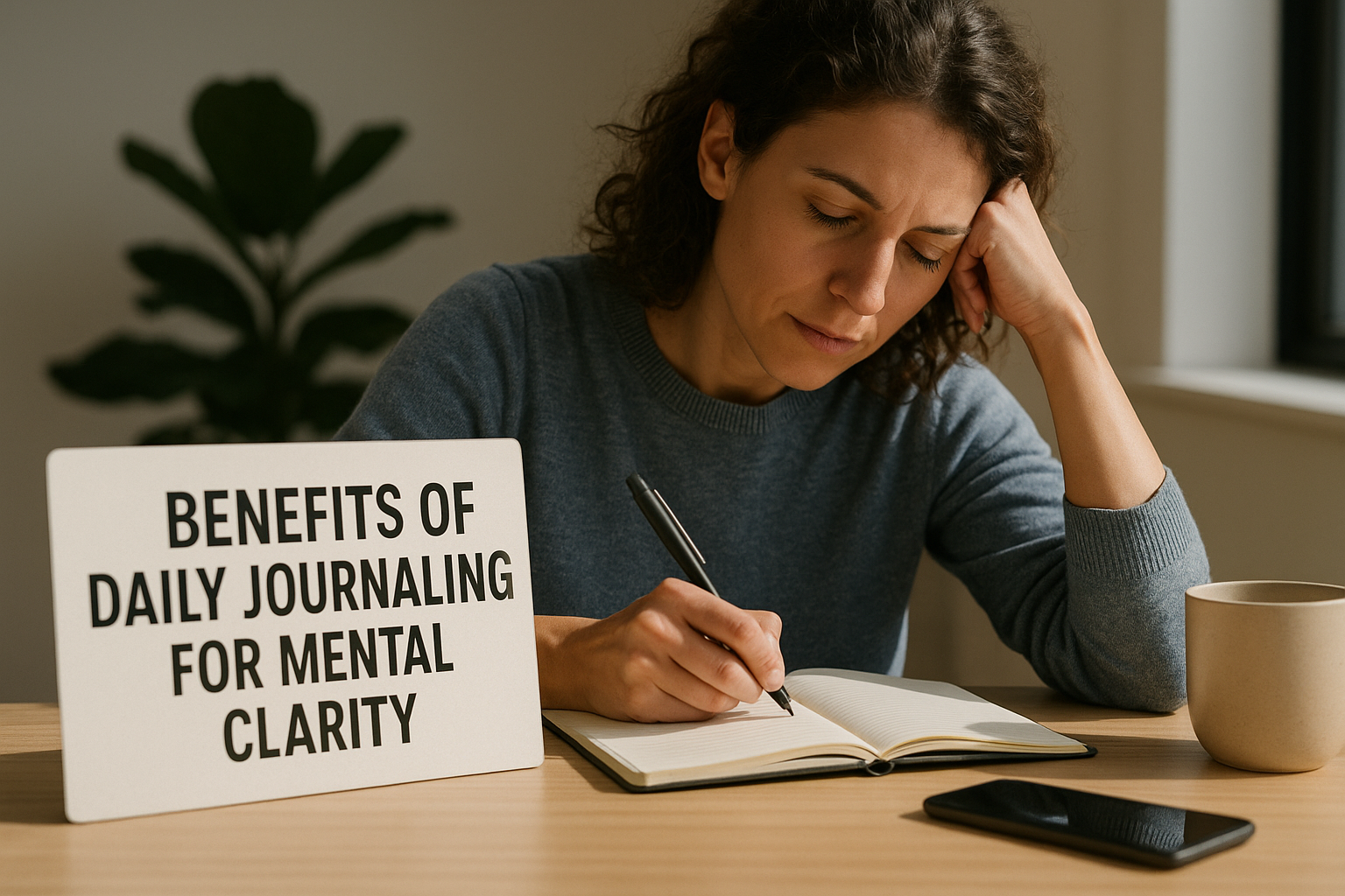Woman journaling for mental clarity beside a coffee mug, smartphone, and a sign that reads “Benefits of Daily Journaling for Mental Clarity.