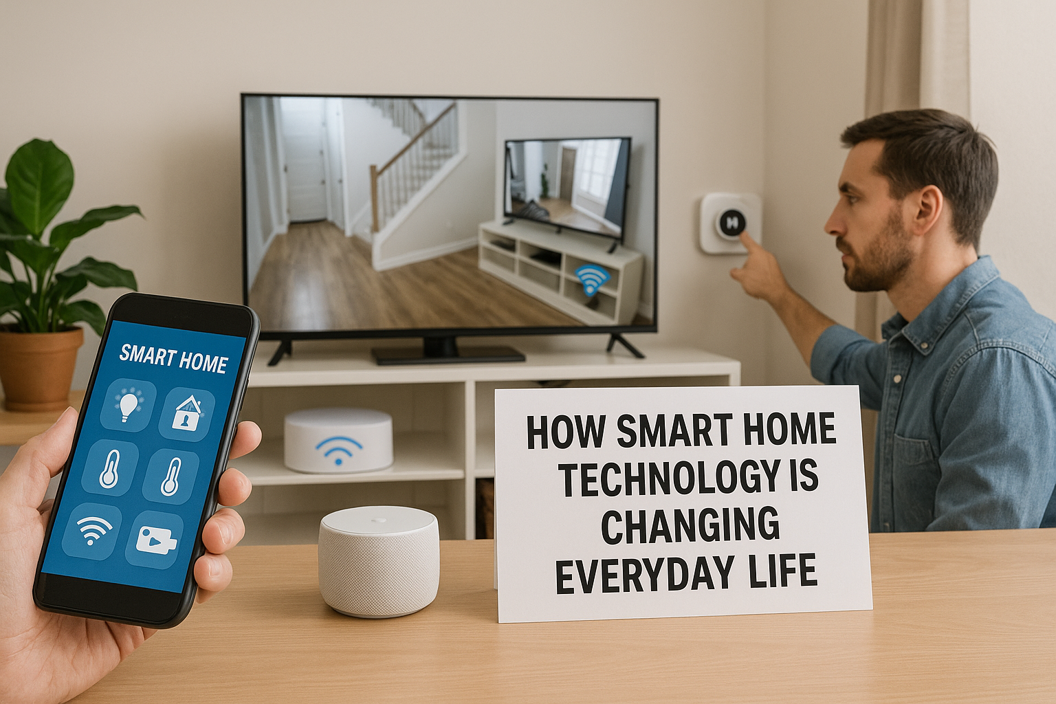 A modern smart home living room with ambient lighting, smart speakers, thermostat, and home assistant in use.