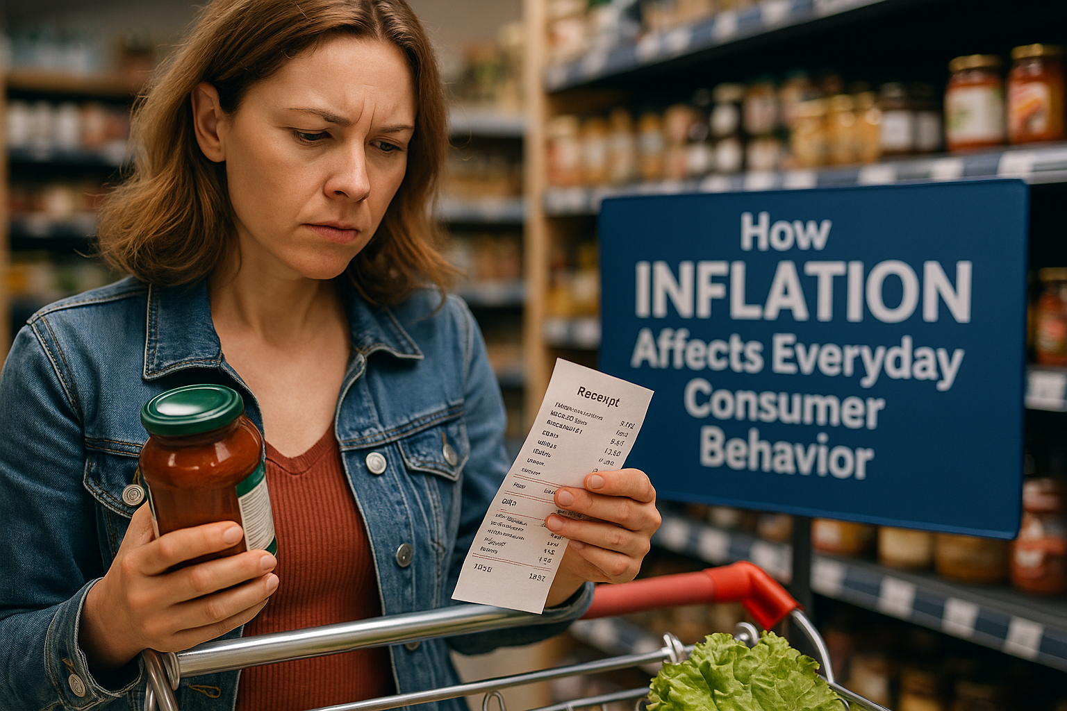 A woman compares a receipt and a jar of pasta sauce while shopping, under a sign that reads “How Inflation Affects Everyday Consumer Behavior.