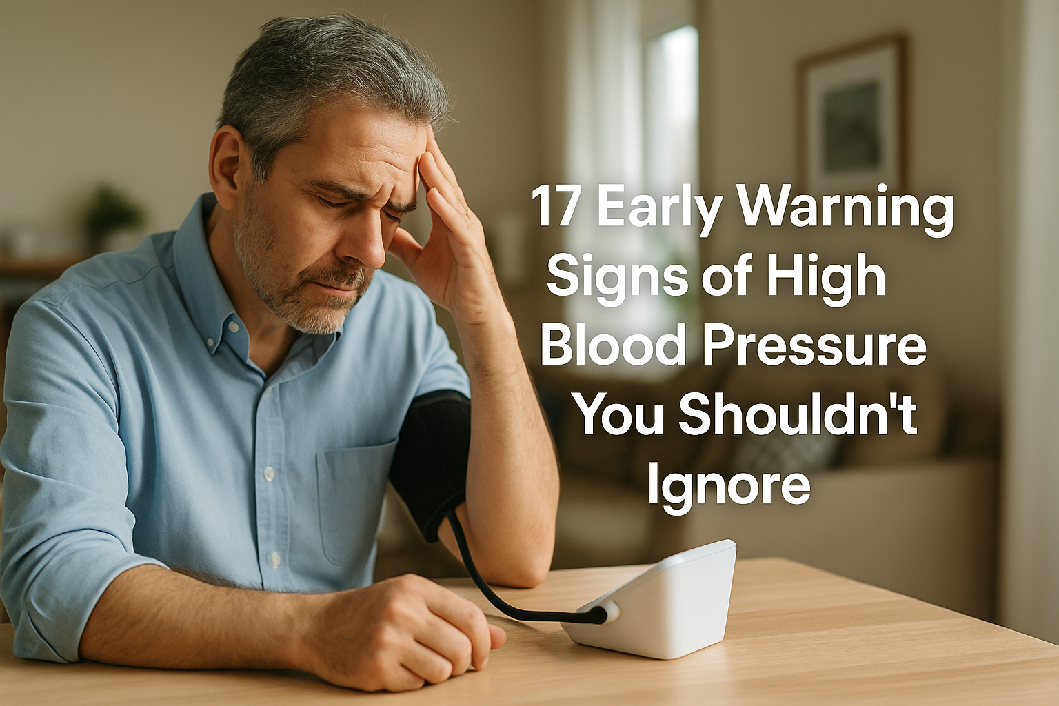 Middle-aged man holding his chest while experiencing early symptoms of high blood pressure, with text overlay warning of hypertension signs.