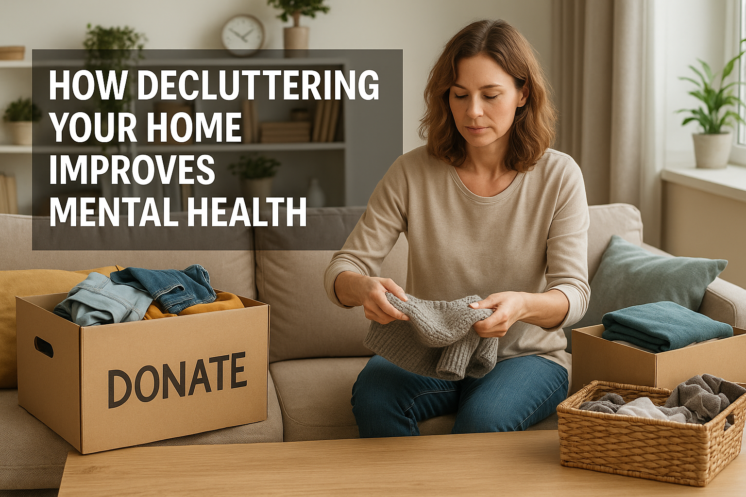 A woman sorts clothing into donation boxes in her calm, tidy living room while decluttering to improve mental health.