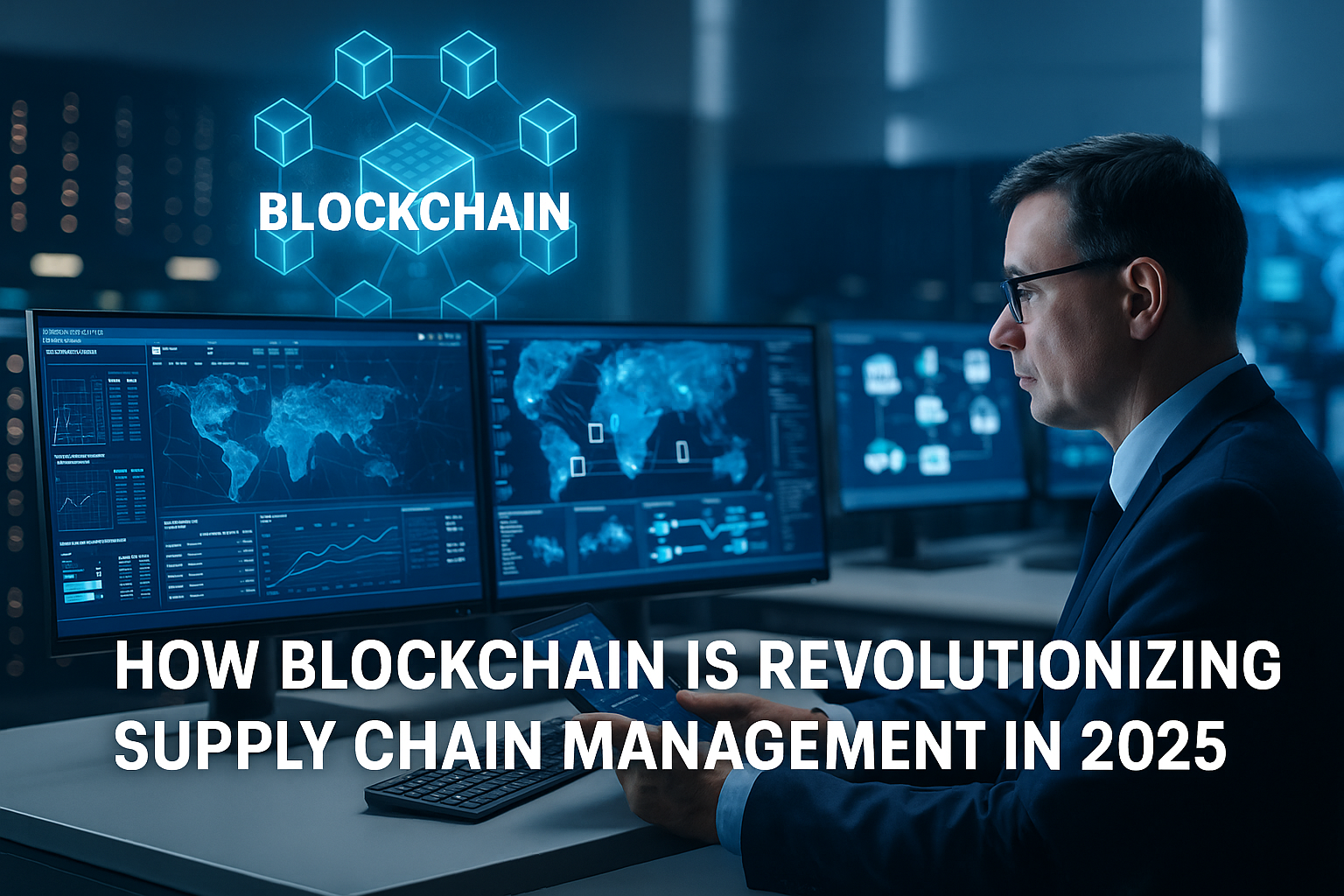 Professional analyzing blockchain-based supply chain dashboards in a futuristic control room, illustrating logistics innovation in 2025.
