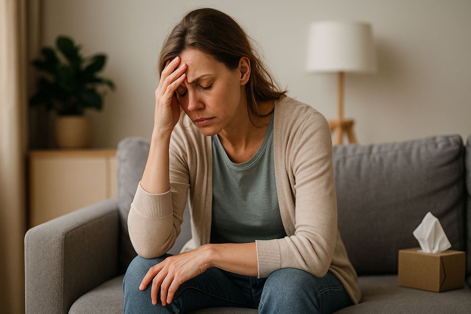 Woman sitting in a calm room with hands on her head, showing physical effects of chronic stress on the body.