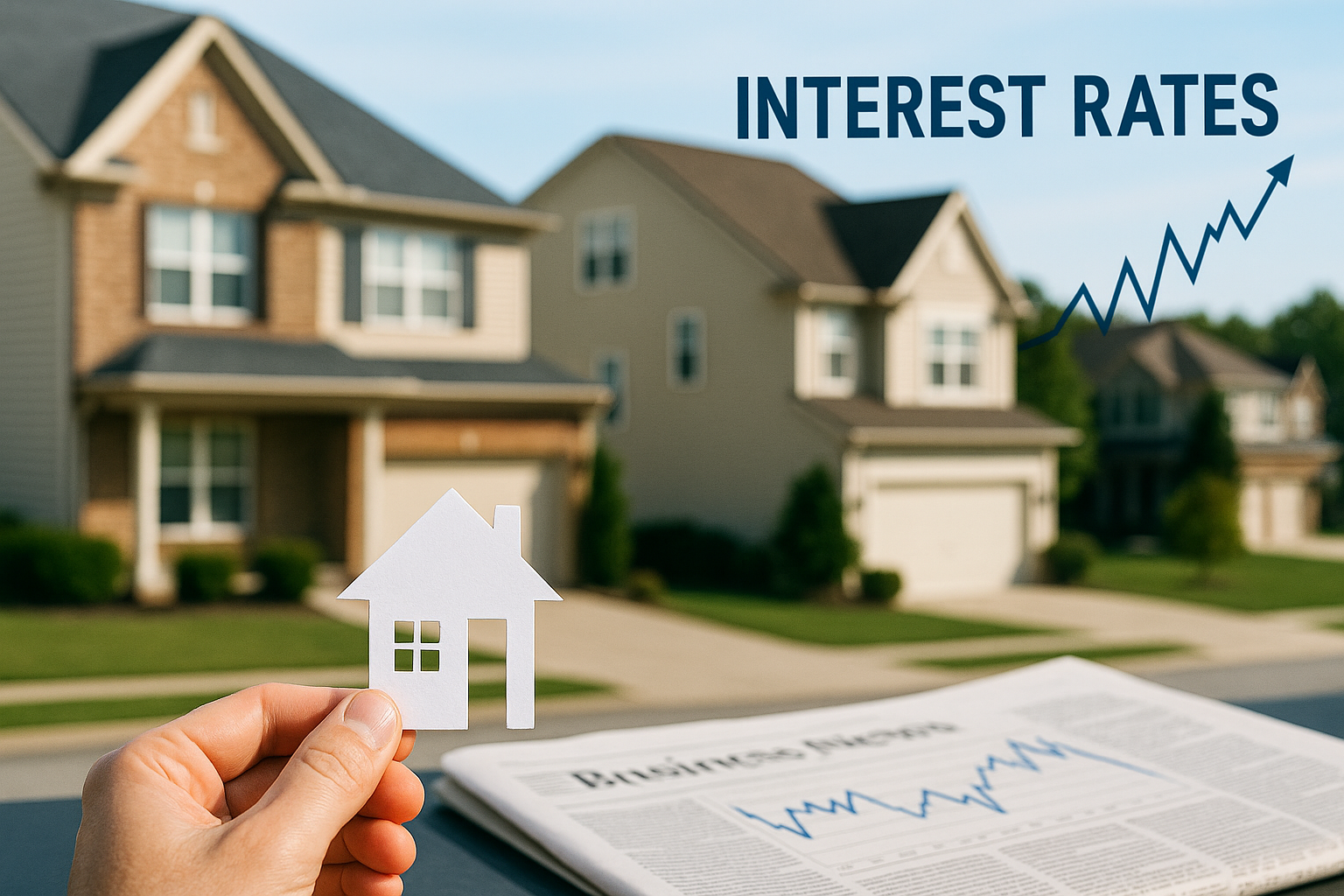 A hand holds a paper house against a backdrop of suburban homes and a financial newspaper showing rising interest rates.