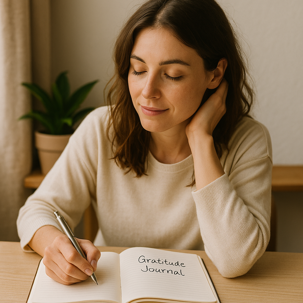 Young woman peacefully writing in her gratitude journal in a sunlit room with a calm, focused expression.