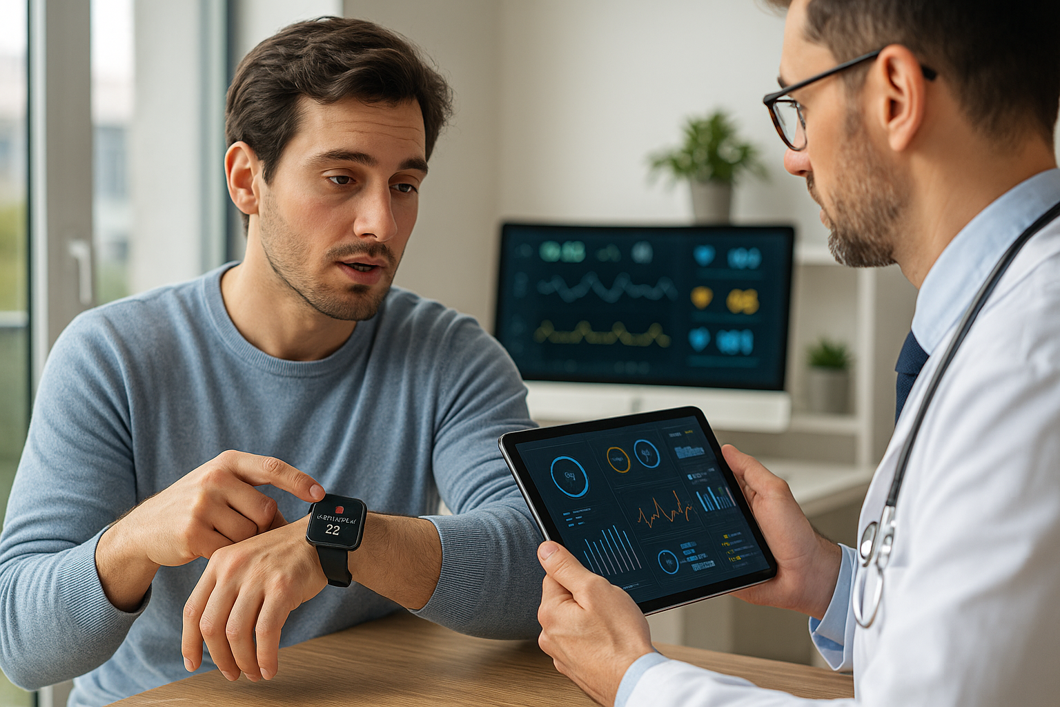 A young adult man monitors his heart rate on a smartwatch in a bright, modern kitchen, showcasing the role of wearable technology in daily healthcare management.