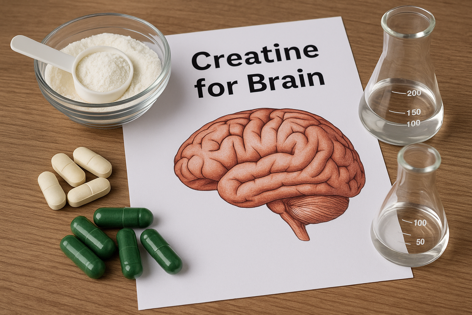 Creatine supplements and brain illustration with glass beakers on wooden desk