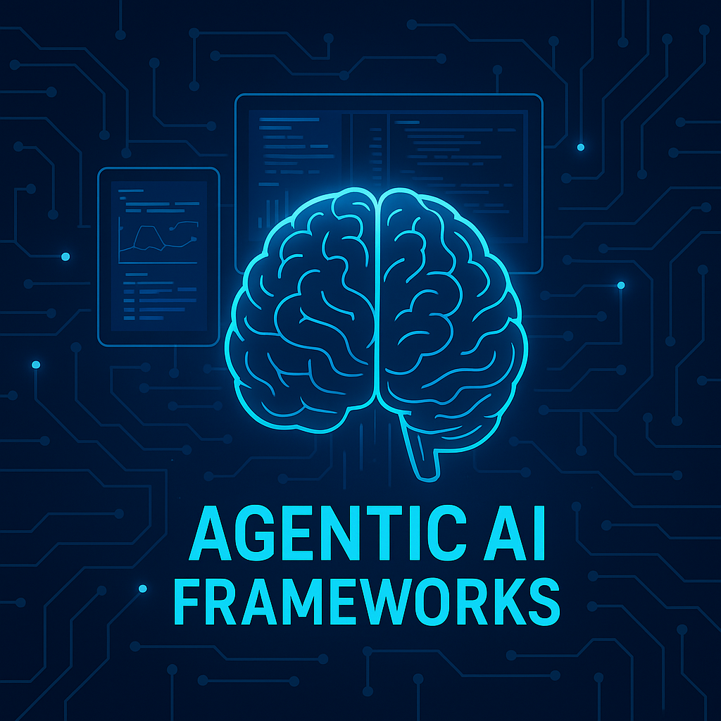 Glowing digital brain with code and circuit board background representing agentic AI frameworks