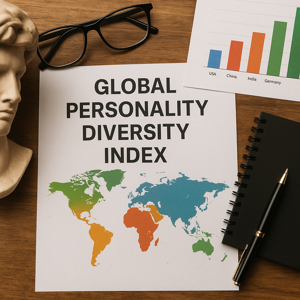 Printed Global Personality Diversity Index document with colorful world map, graph, notebook, and eyeglasses on wooden table
