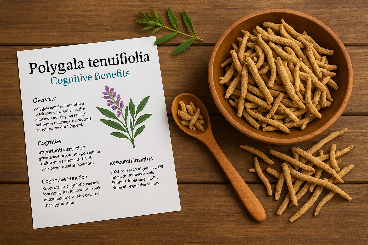 Polygala tenuifolia roots in a wooden bowl with a plant sheet detailing its cognitive benefits