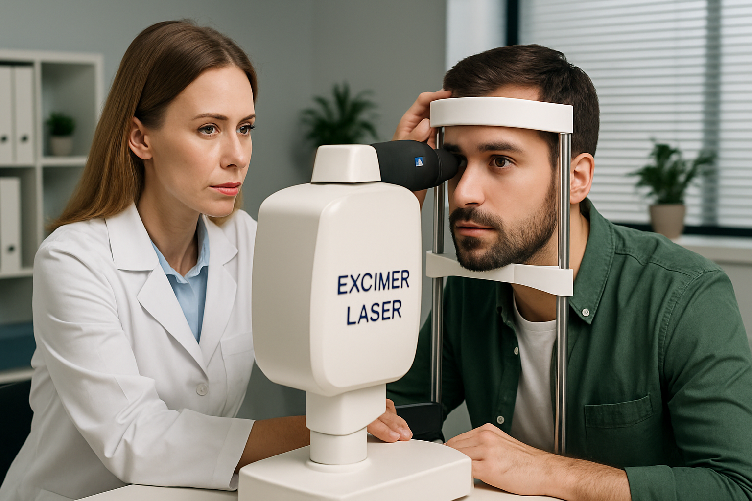 Male patient undergoing laser eye examination with an ophthalmologist using an excimer laser machine in a modern clinic.