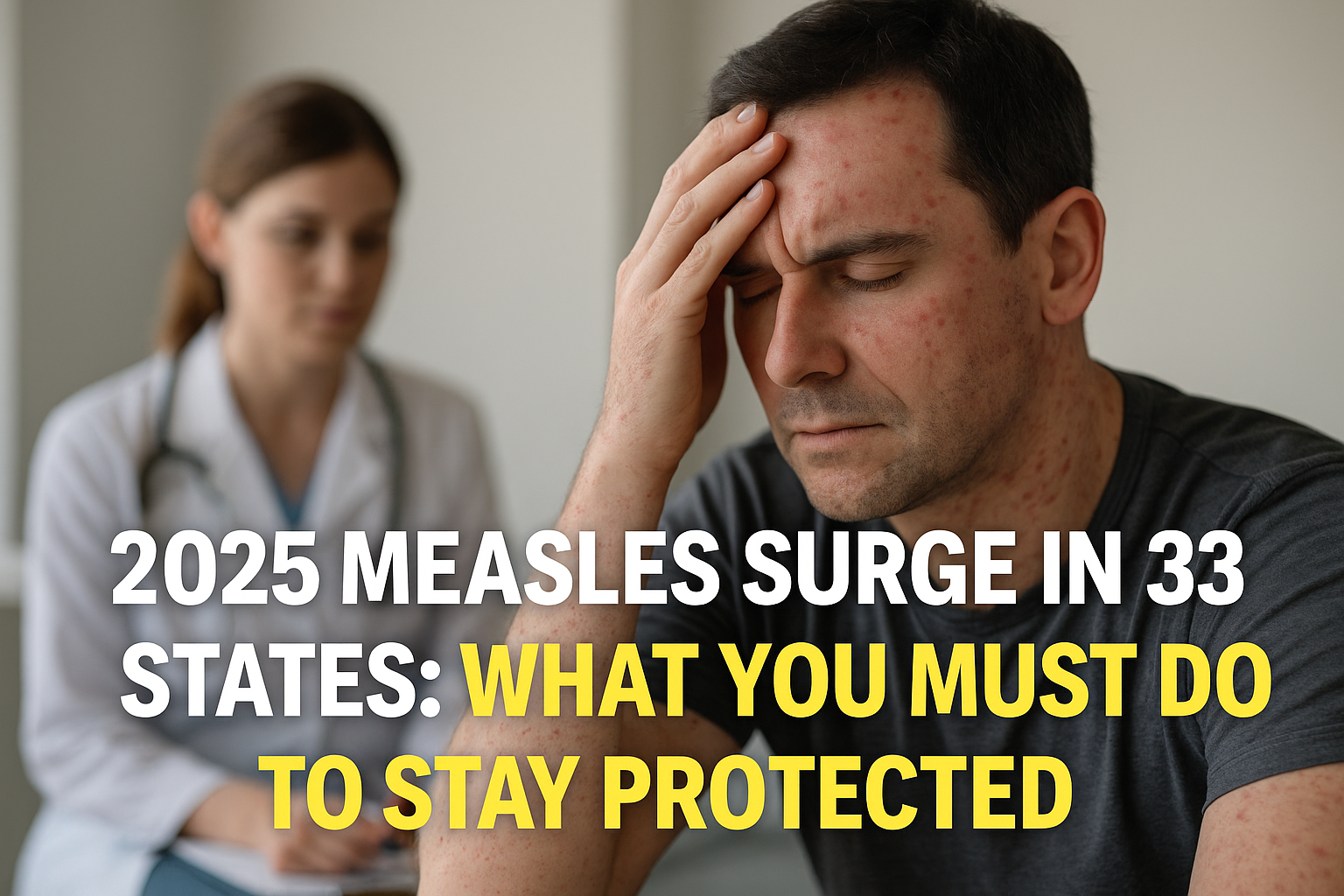 A man with visible measles rash holds his head in distress while a doctor sits in the background, highlighting the urgency of the 2025 measles surge.