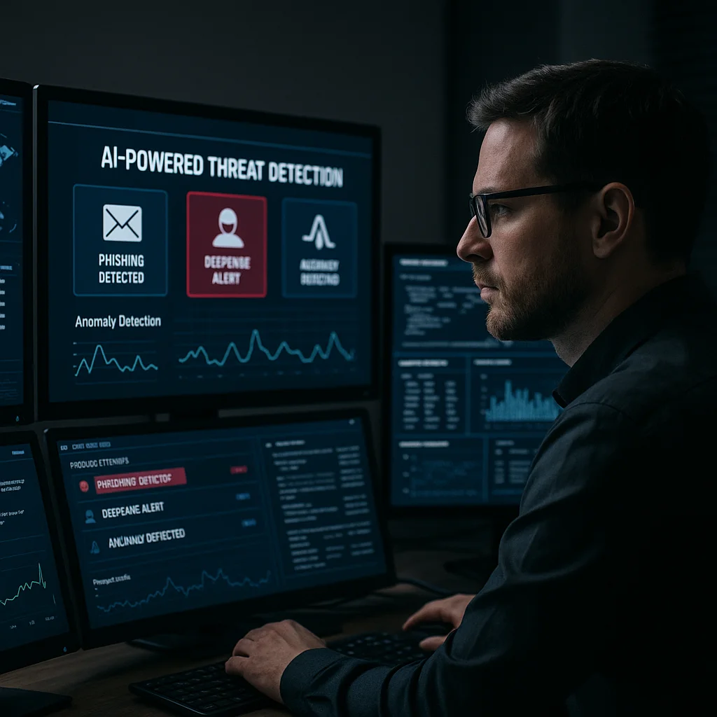Cybersecurity analyst monitoring an AI-powered threat detection dashboard with alerts for phishing, deepfakes, and anomaly detection in a dark office.