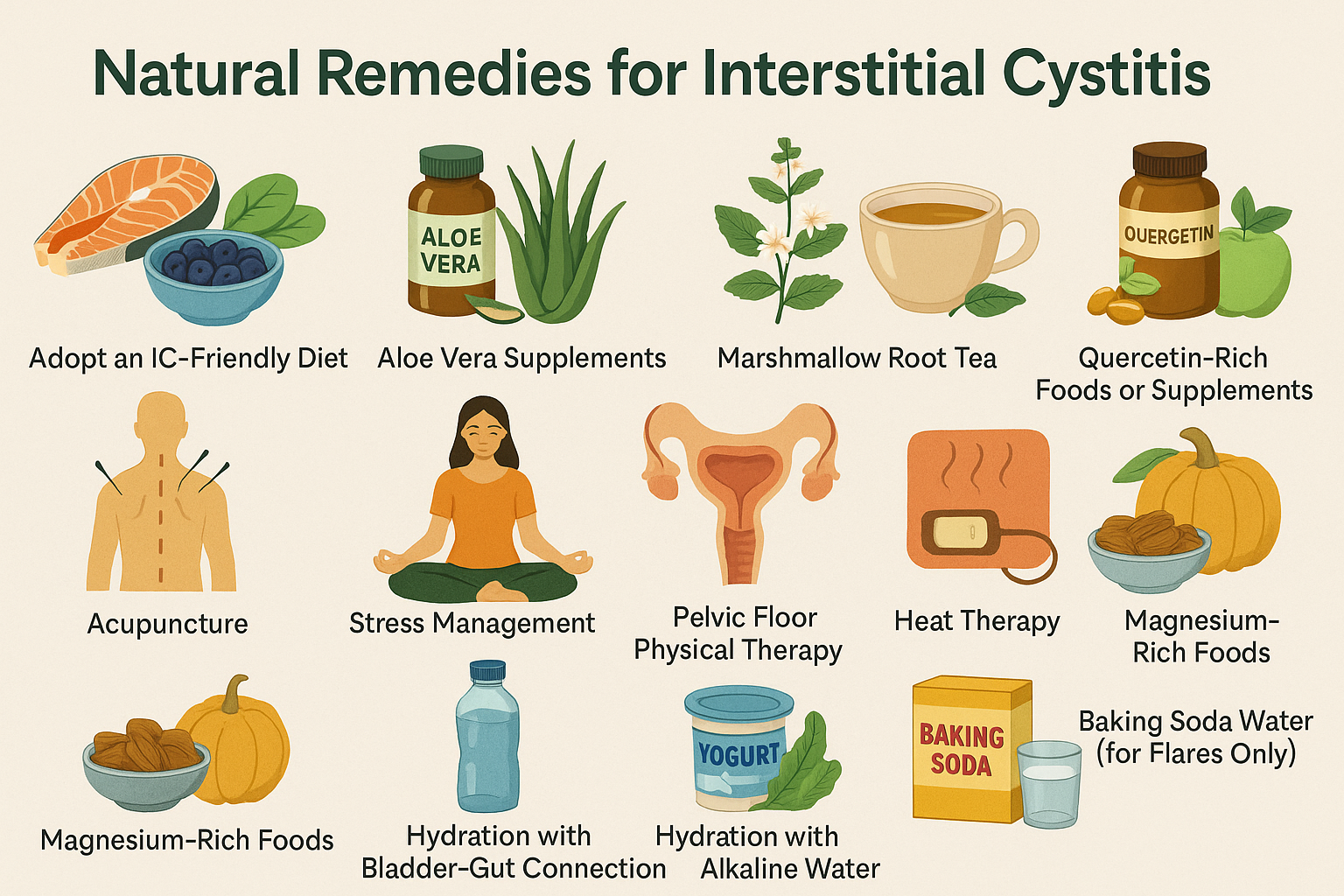 Infographic showing 12 natural remedies for interstitial cystitis, including aloe vera, IC diet, pelvic floor therapy, acupuncture, and stress management.