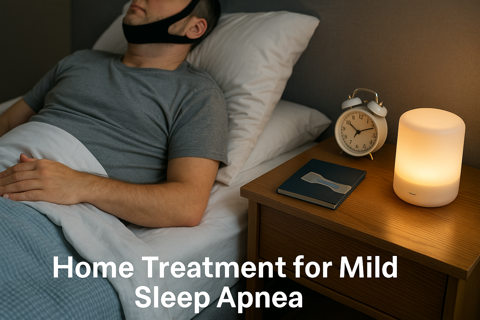 A realistic photo of a man lying in bed using a black anti-snore chin strap, with a nasal strip and glowing humidifier nearby, illustrating home treatment for mild sleep apnea.