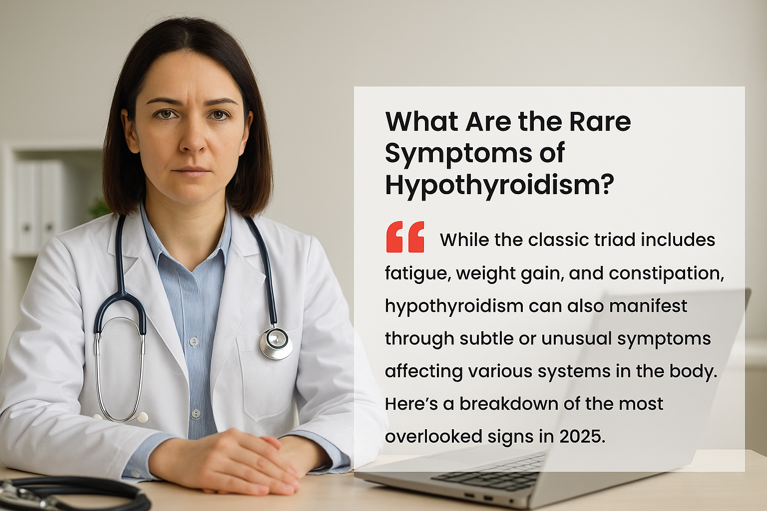 A female doctor in a lab coat sits at a desk with a stethoscope and laptop, next to a featured quote box about rare symptoms of hypothyroidism.